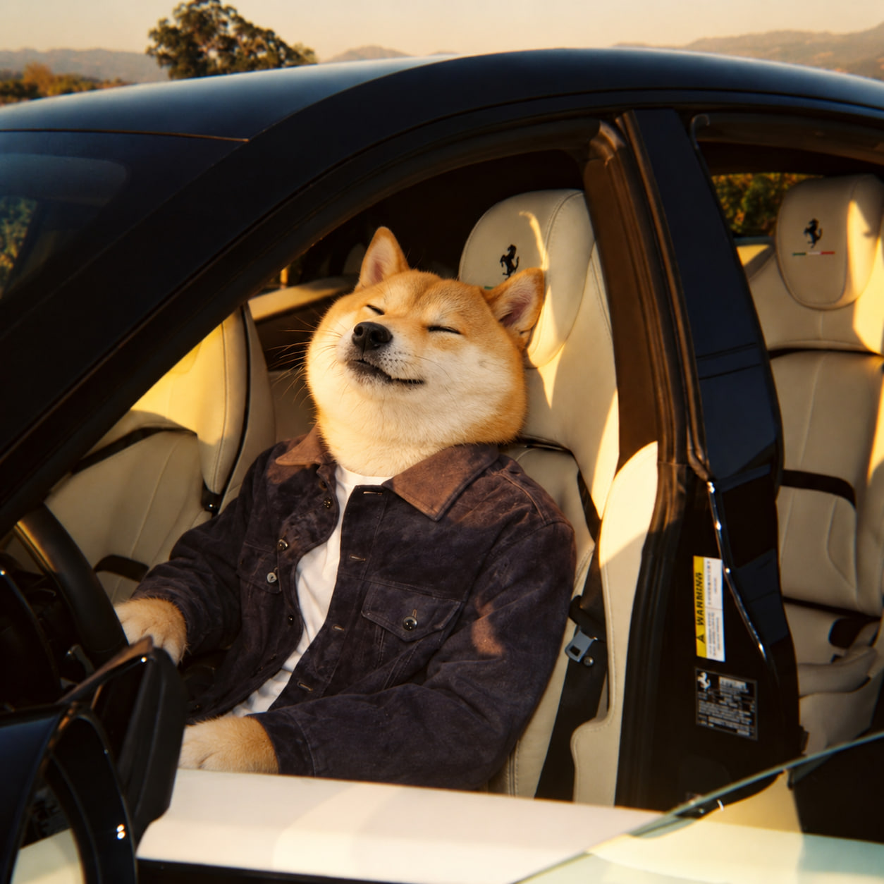 Dogetchi enjoying the golden-hour light from the driver's seat of a Ferrari
