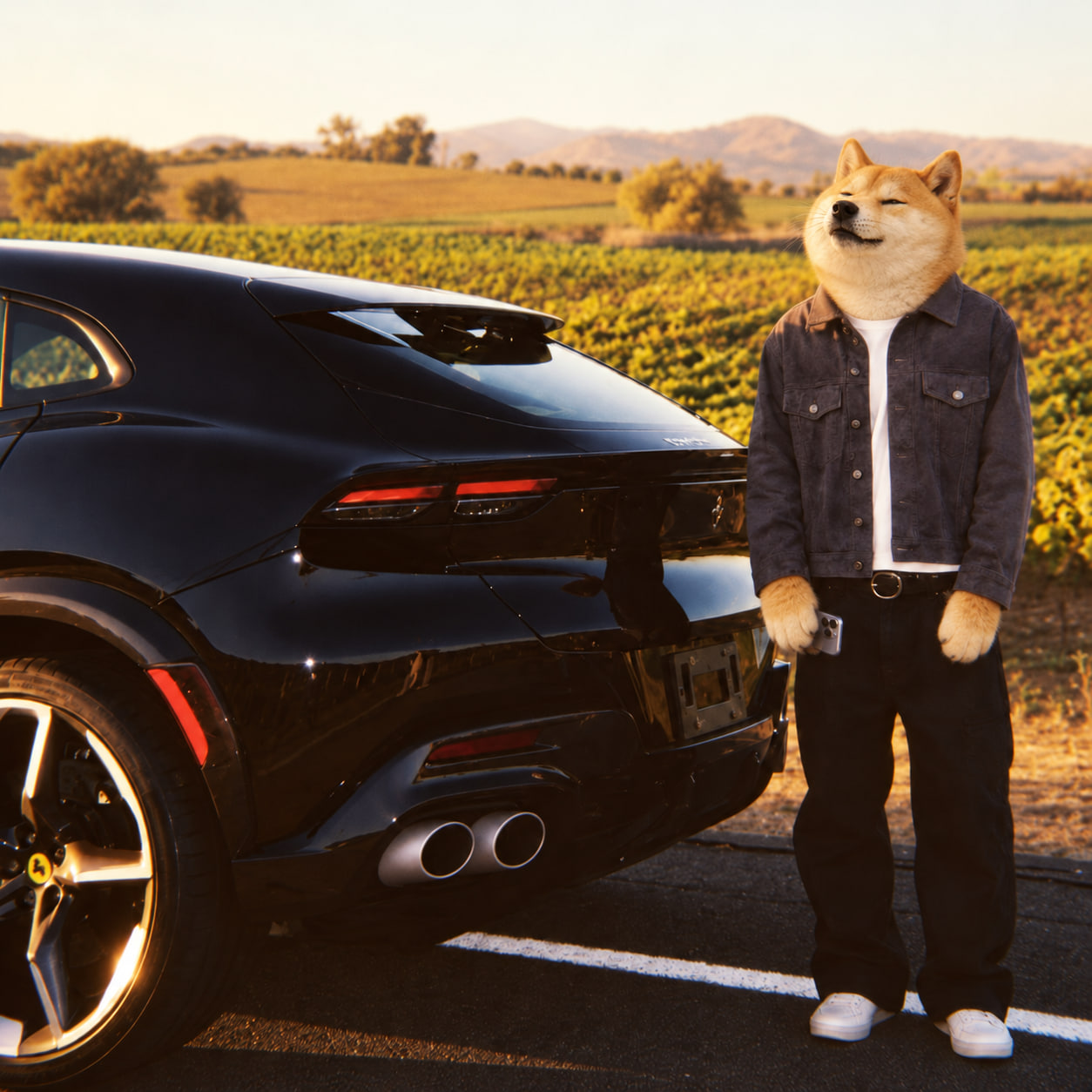 Dogetchi standing beside a black Ferrari overlooking sunlit vineyards