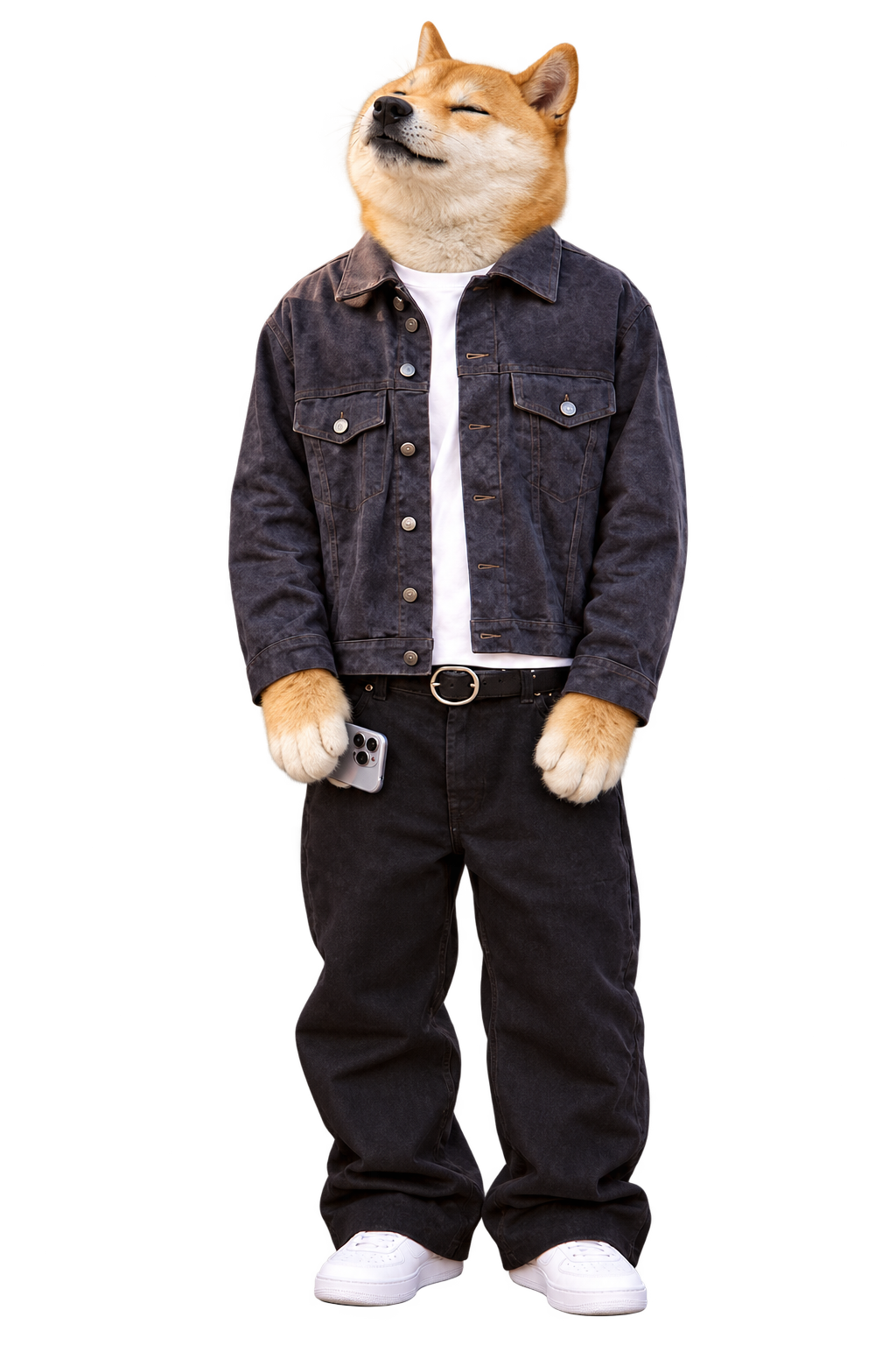 Dogetchi in a dark denim jacket and white sneakers, entirely unbothered